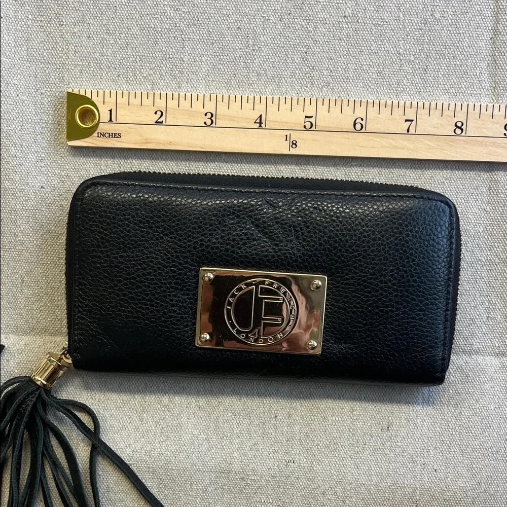 Jack French London Black Leather Zip Around Wallet Gold Plate Tassel - Picture 7 of 12